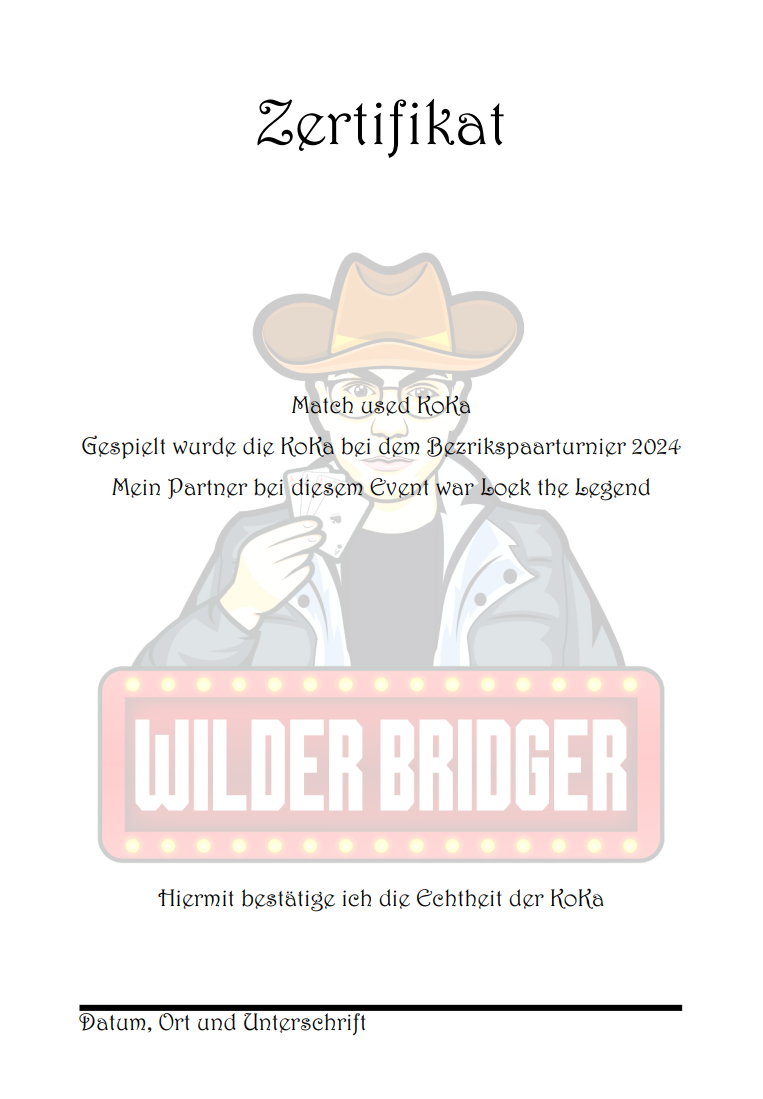Wilder Bridger Konventionskarte ( Match Used ) vom Bezirkspaarturnier 2024