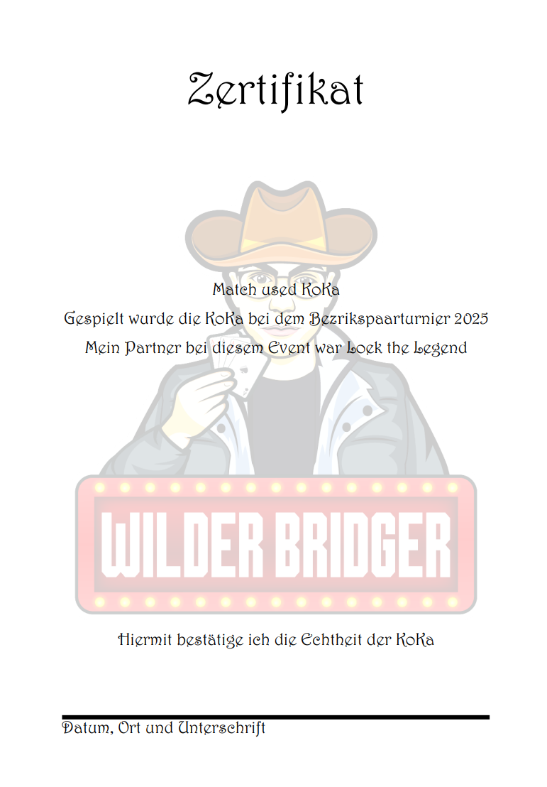 Wilder Bridger Konventionskarte ( Match Used ) vom Bezirkspaarturnier 2025