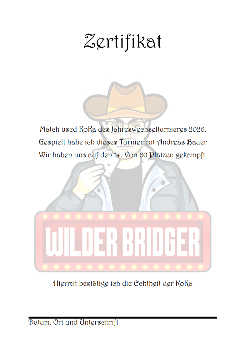 Wilder Bridger Konventionskarten ( Match Used ) vom Jahreswechsel Turnier 2026